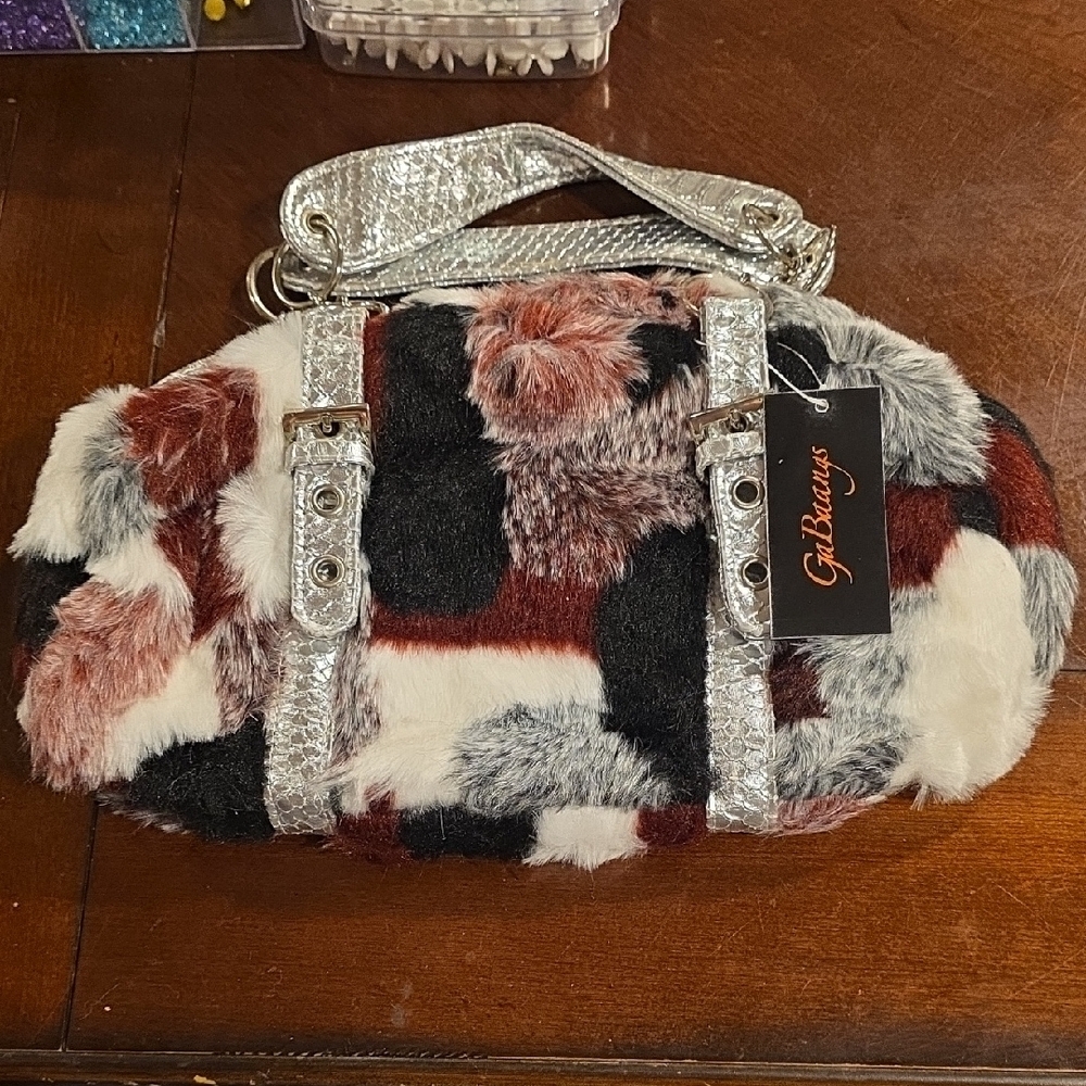 (J8) Black and White Mini Bag with Patch Fur Design